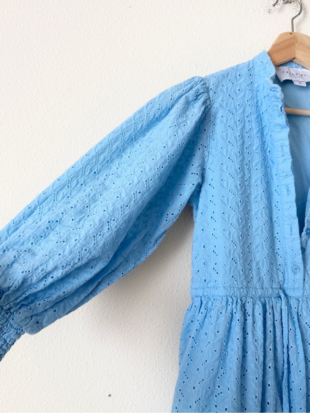 The Shirt by Rochelle Behrens XS blue eyelet long sleeve mini tiered dress - Picture 3 of 7